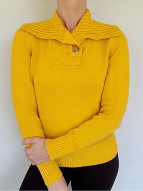 Ralph Lauren LRL Yellow Shawl Collar Sweater Gold Clasp Cotton Knit Size PL